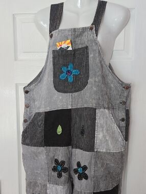 Patchwork Striped Overalls with Floral Appliqués